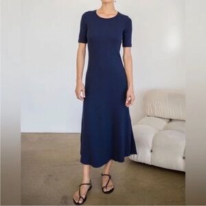 NWOT AYR The Moderne Ribbed Short Sleeve Midi Shirt Dress Navy Blue Stretchy SzS